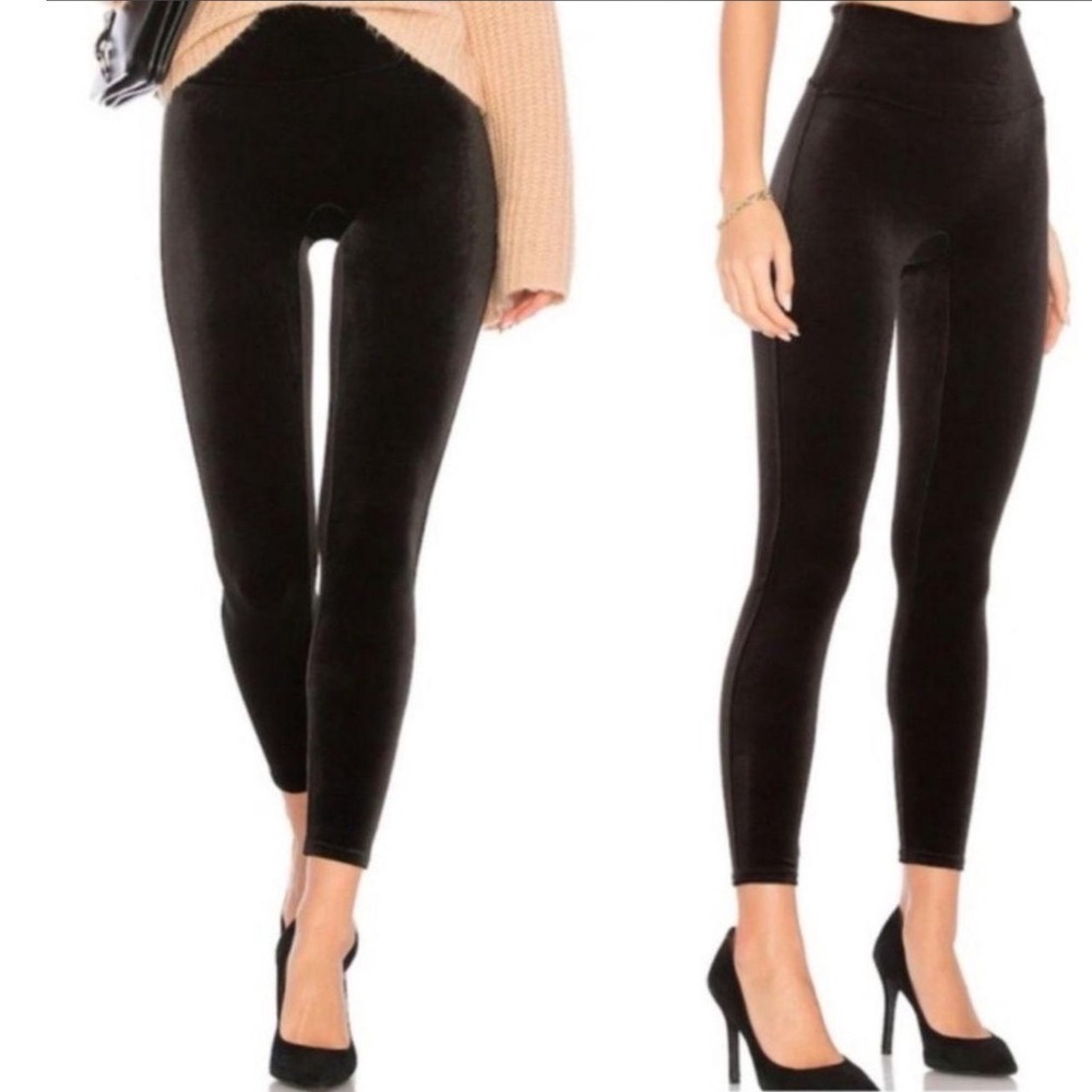 Spanx Leggings Womens 1x Black Velvet High Waisted Shaping Minimal Stretch